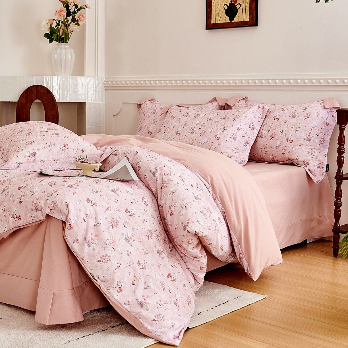 91家纺网 家纺一手货源 找家纺 芙绣家纺 2025新款全棉纯棉磨毛内合简单款四件套 香伊-粉