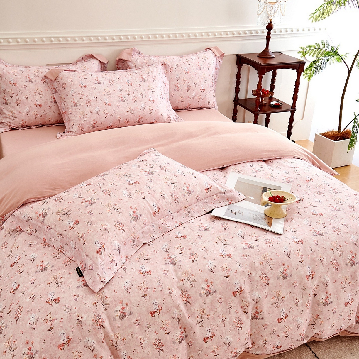 91家纺网 家纺一手货源 找家纺 芙绣家纺 2025新款全棉纯棉磨毛内合简单款四件套 香伊-粉