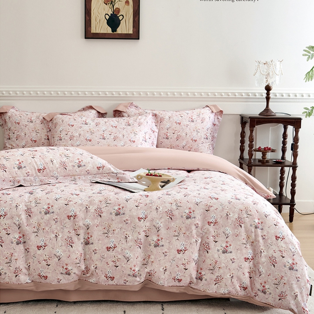 91家纺网 家纺一手货源 找家纺 芙绣家纺 2025新款全棉纯棉磨毛内合简单款四件套 香伊-粉