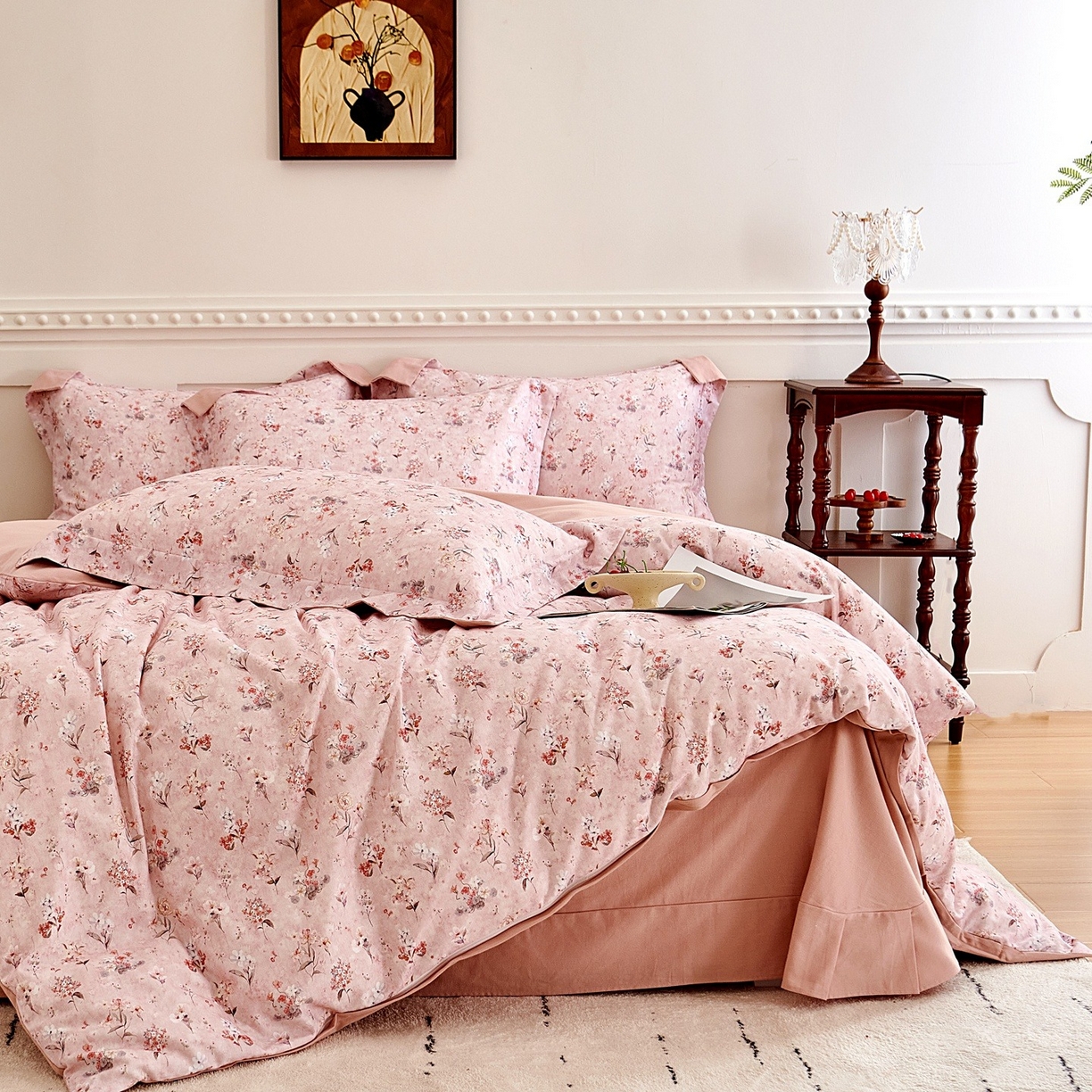 91家纺网 家纺一手货源 找家纺 芙绣家纺 2025新款全棉纯棉磨毛内合简单款四件套 香伊-粉