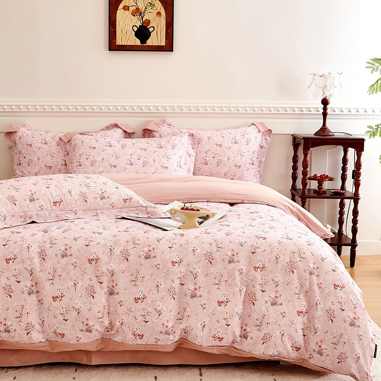 91家纺网 家纺一手货源 找家纺 芙绣家纺 2025新款全棉纯棉磨毛内合简单款四件套 香伊-粉