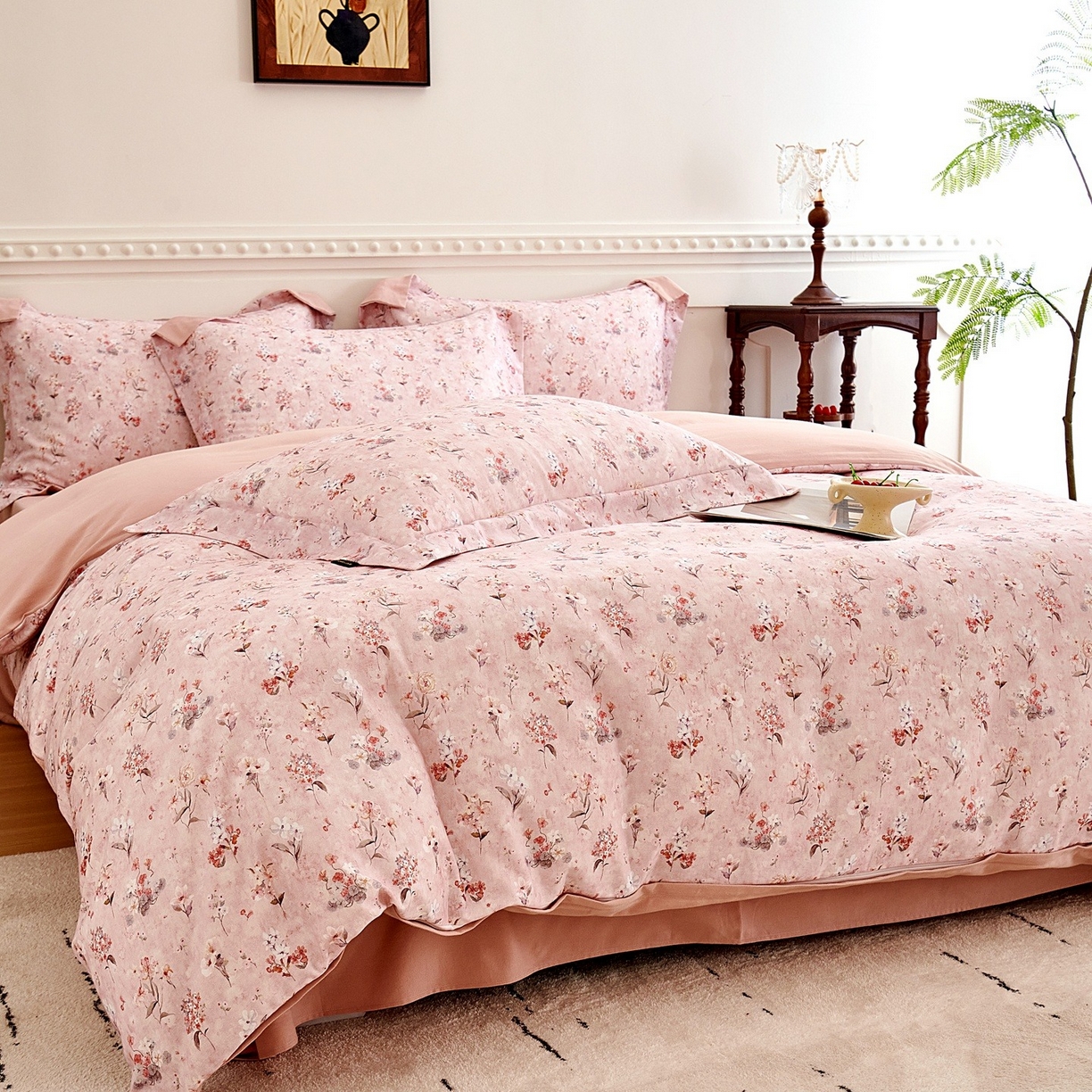 91家纺网 家纺一手货源 找家纺 芙绣家纺 2025新款全棉纯棉磨毛内合简单款四件套 香伊-粉