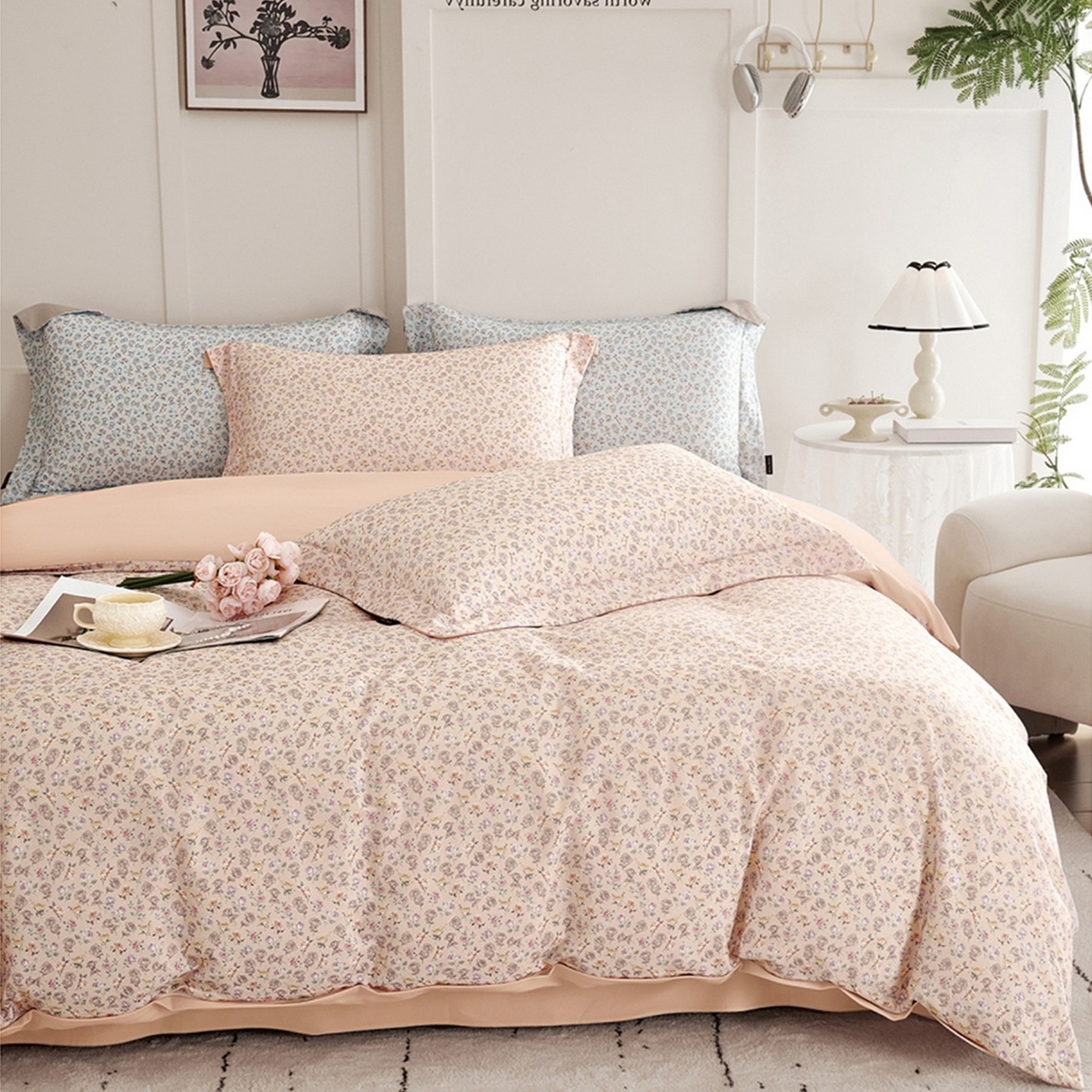 芙绣家纺 2025新款全棉纯棉磨毛内合简单款四件套 意境-粉