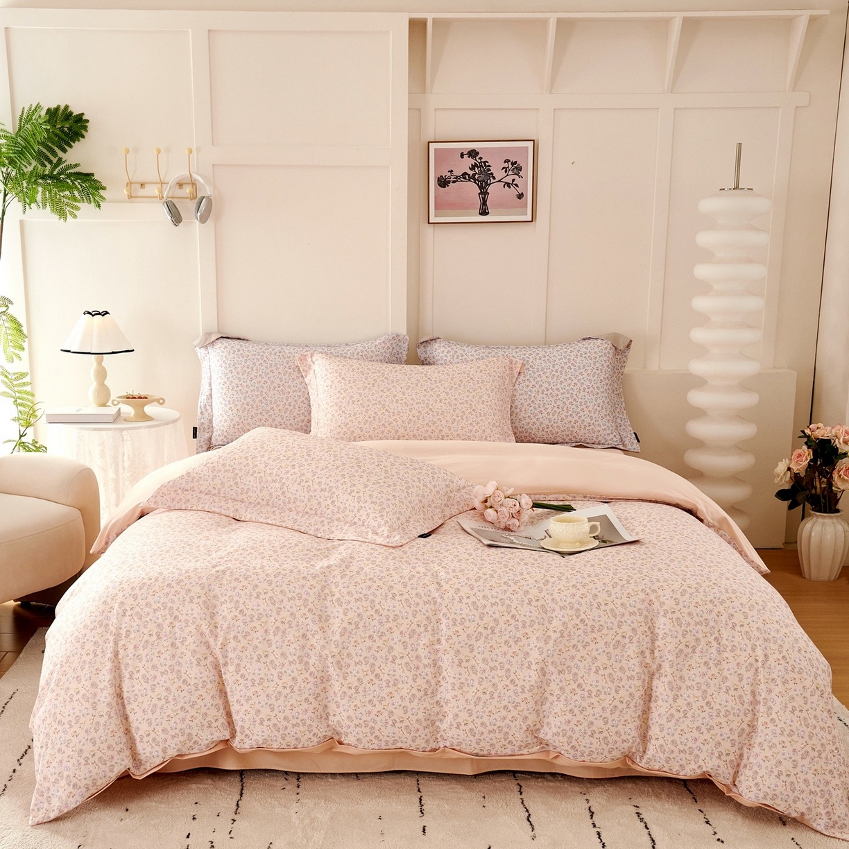 91家纺网 家纺一手货源 找家纺 芙绣家纺 2025新款全棉纯棉磨毛内合简单款四件套 意境-粉