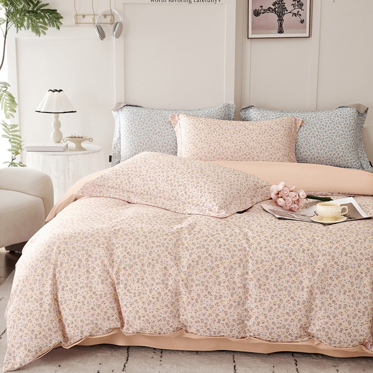 91家纺网 家纺一手货源 找家纺 芙绣家纺 2025新款全棉纯棉磨毛内合简单款四件套 意境-粉