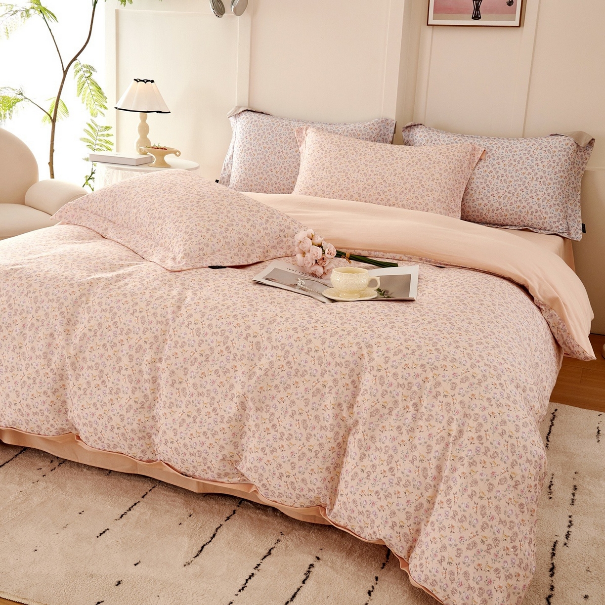 91家纺网 家纺一手货源 找家纺 芙绣家纺 2025新款全棉纯棉磨毛内合简单款四件套 意境-粉