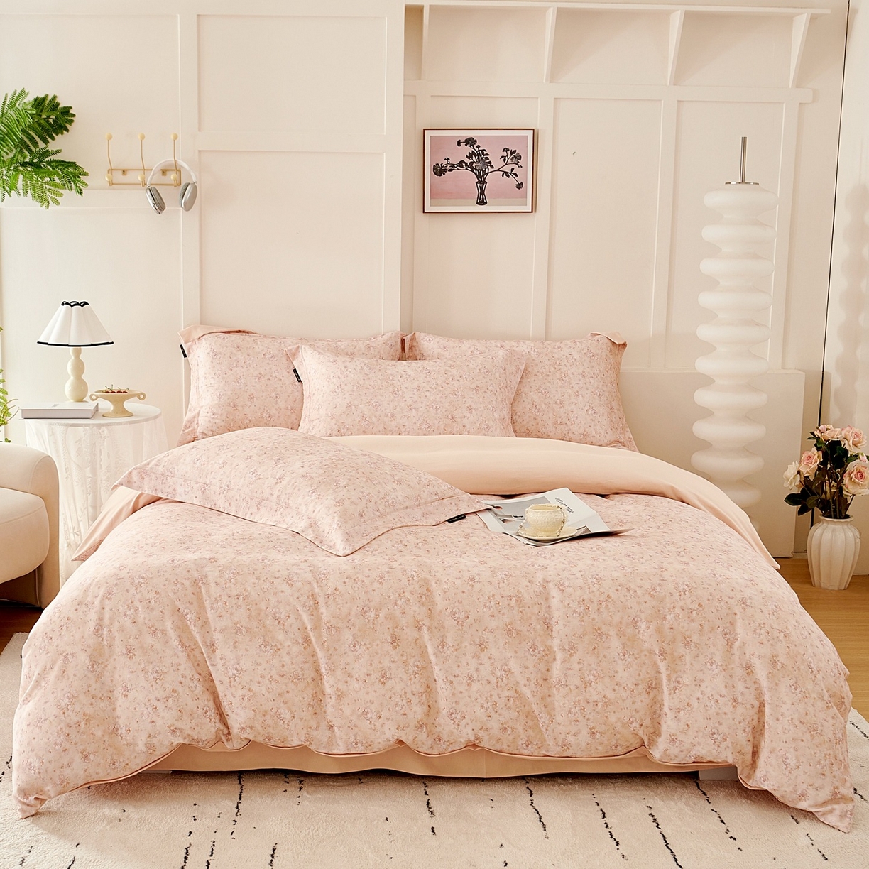 91家纺网 家纺一手货源 找家纺 芙绣家纺 2025新款全棉纯棉磨毛内合简单款四件套 悦舞-粉