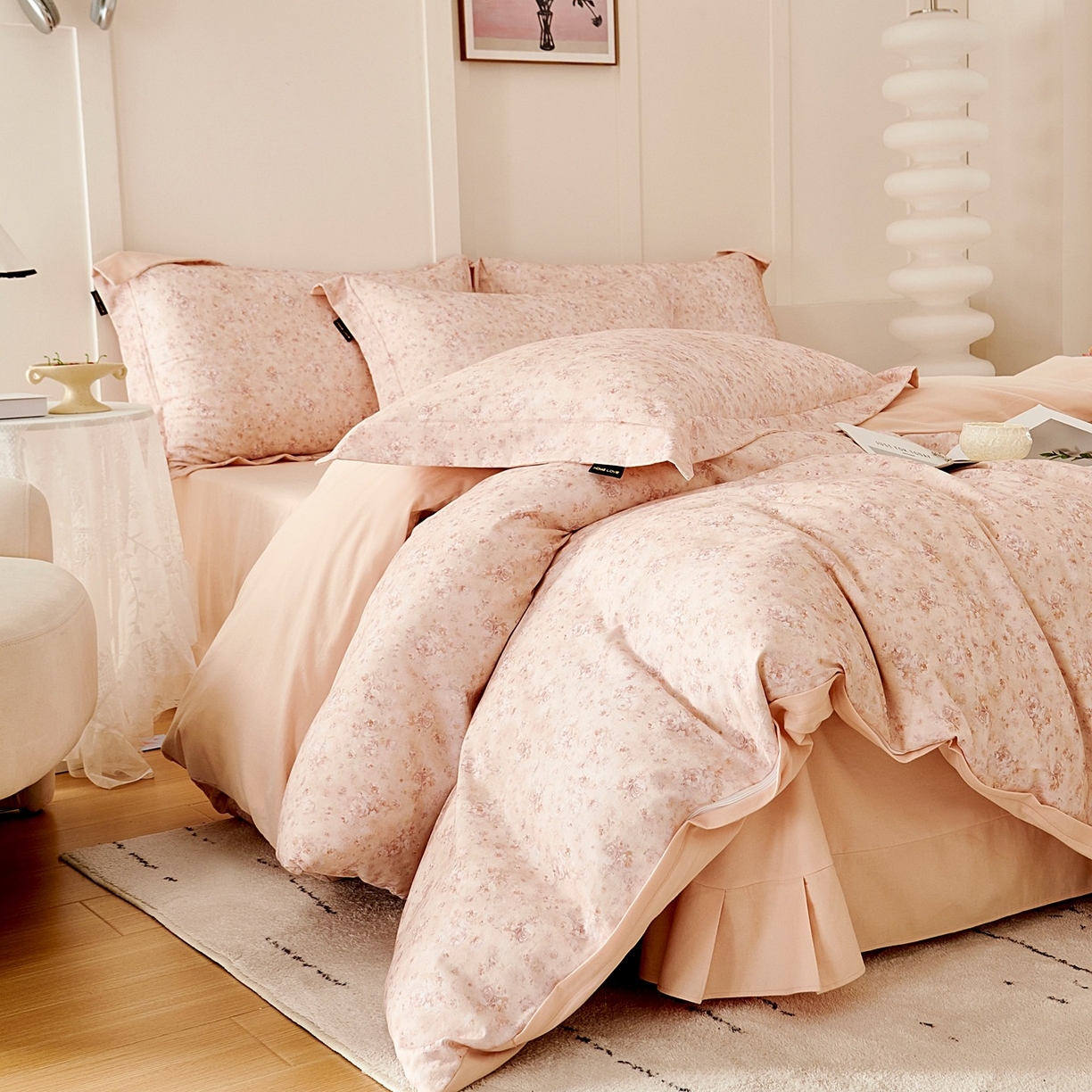 91家纺网 家纺一手货源 找家纺 芙绣家纺 2025新款全棉纯棉磨毛内合简单款四件套 悦舞-粉