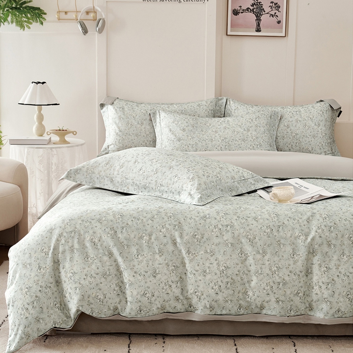 91家纺网 家纺一手货源 找家纺 芙绣家纺 2025新款全棉纯棉磨毛内合简单款四件套 悦舞-绿