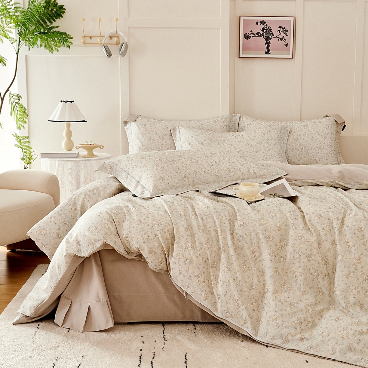 91家纺网 家纺一手货源 找家纺 芙绣家纺 2025新款全棉纯棉磨毛内合简单款四件套 悦舞-绿