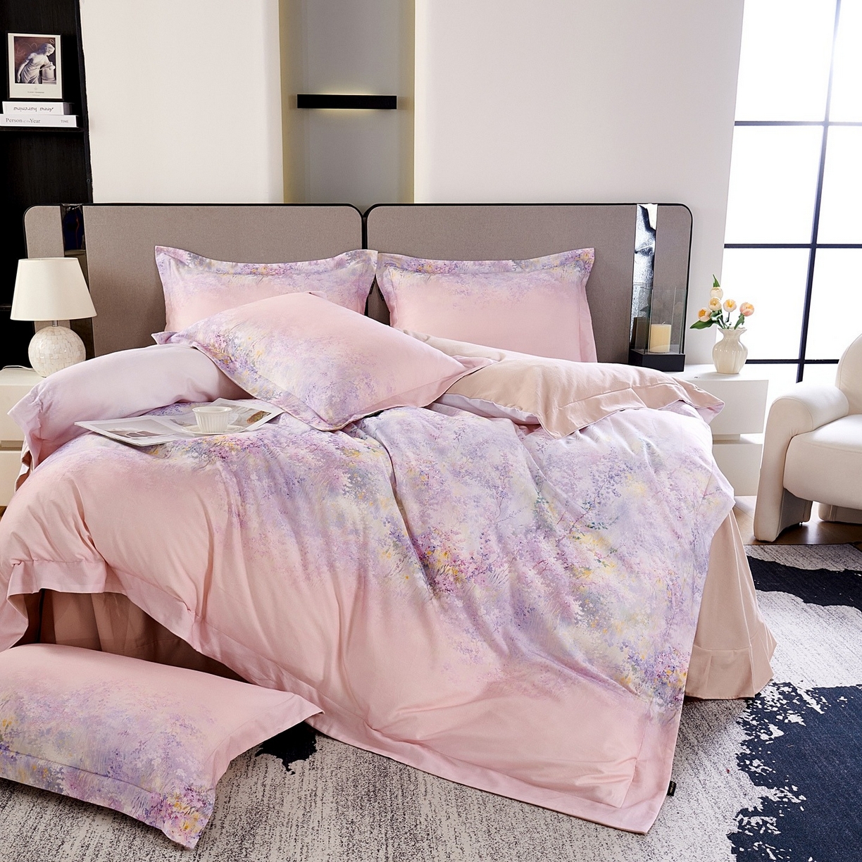 91家纺网 家纺一手货源 找家纺 芙绣家纺 2025新款纯棉全棉磨毛宽边压线复杂款四件套 淡彩-紫