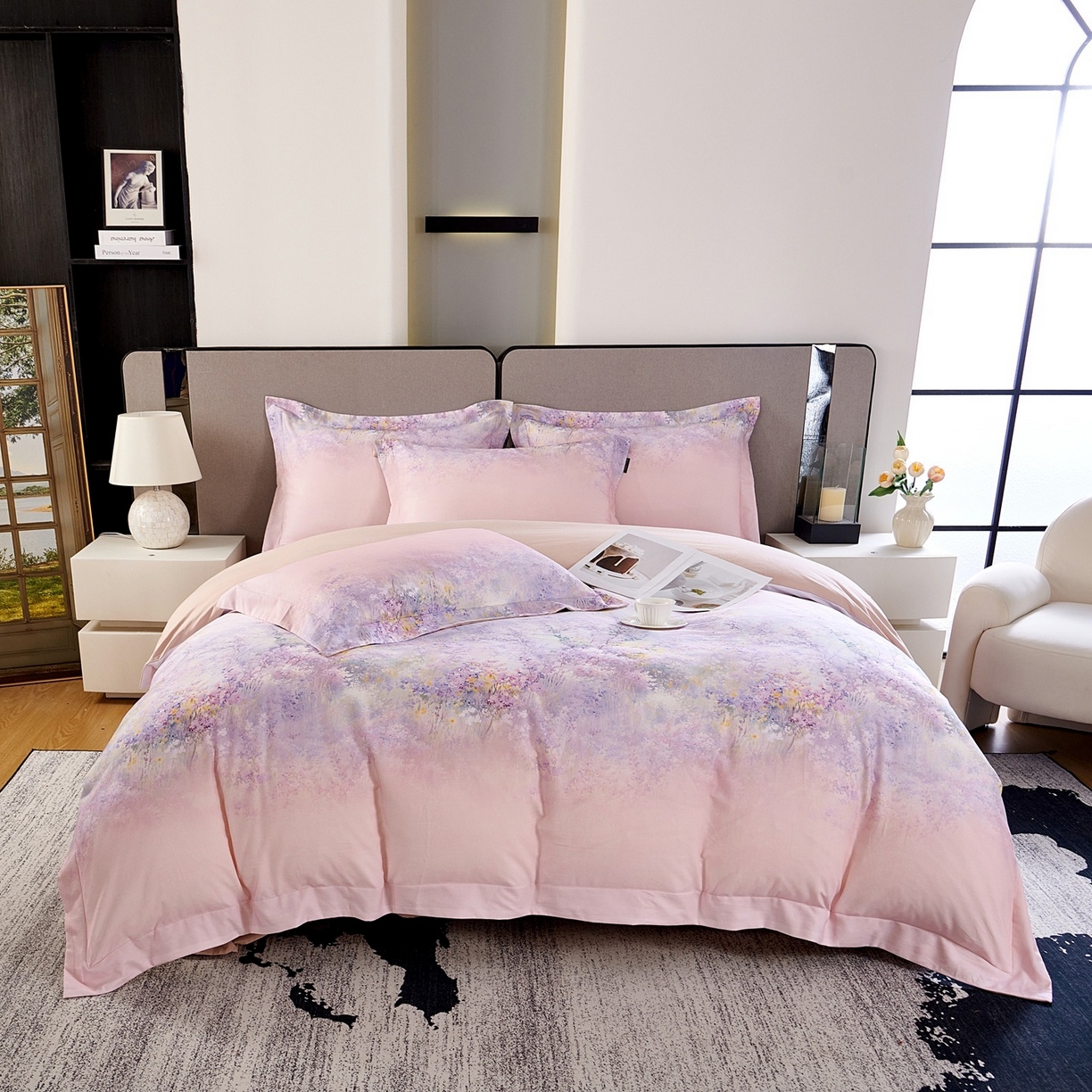 91家纺网 家纺一手货源 找家纺 芙绣家纺 2025新款纯棉全棉磨毛宽边压线复杂款四件套 淡彩-紫