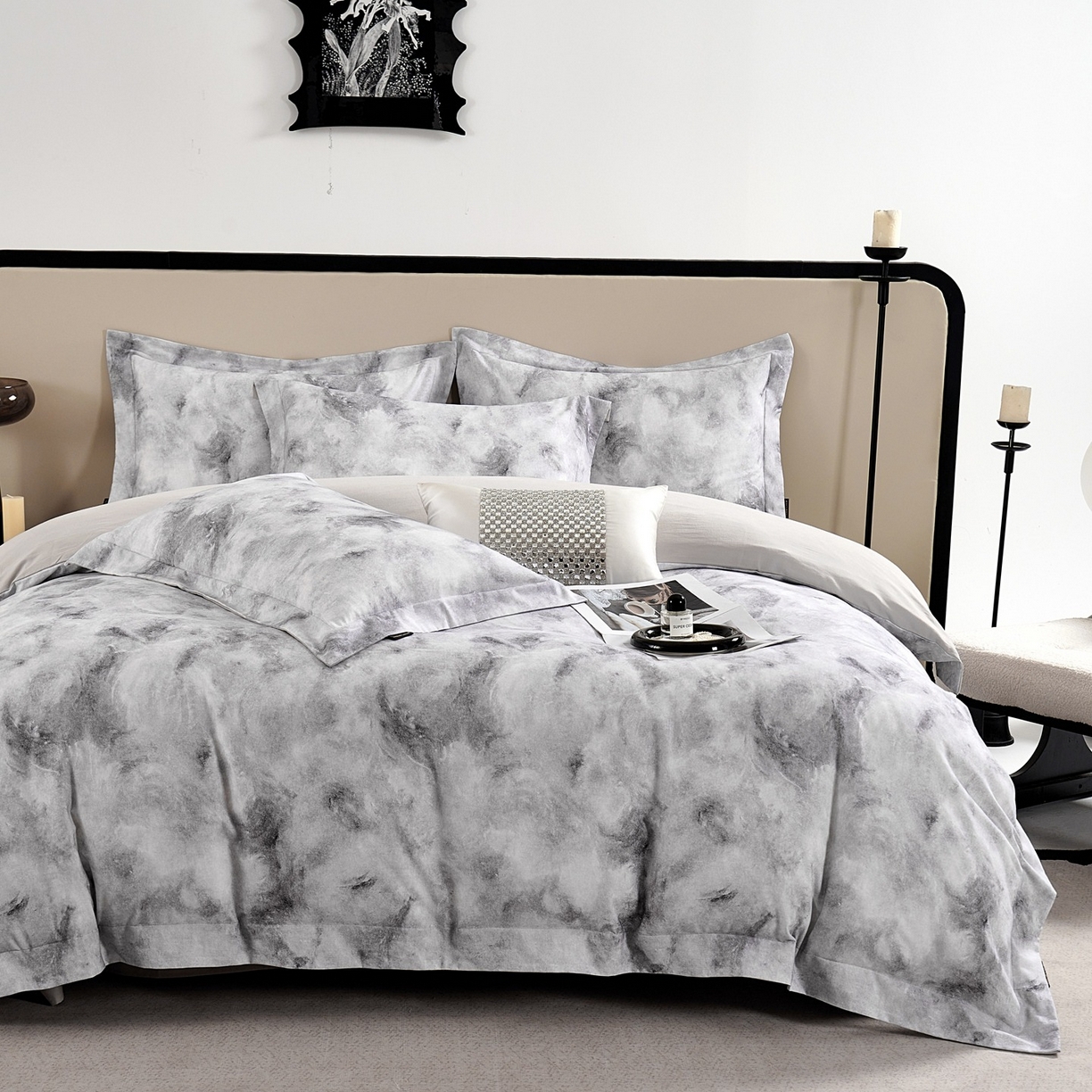 芙绣家纺 2025新款纯棉全棉磨毛宽边压线复杂款四件套 古韵-灰