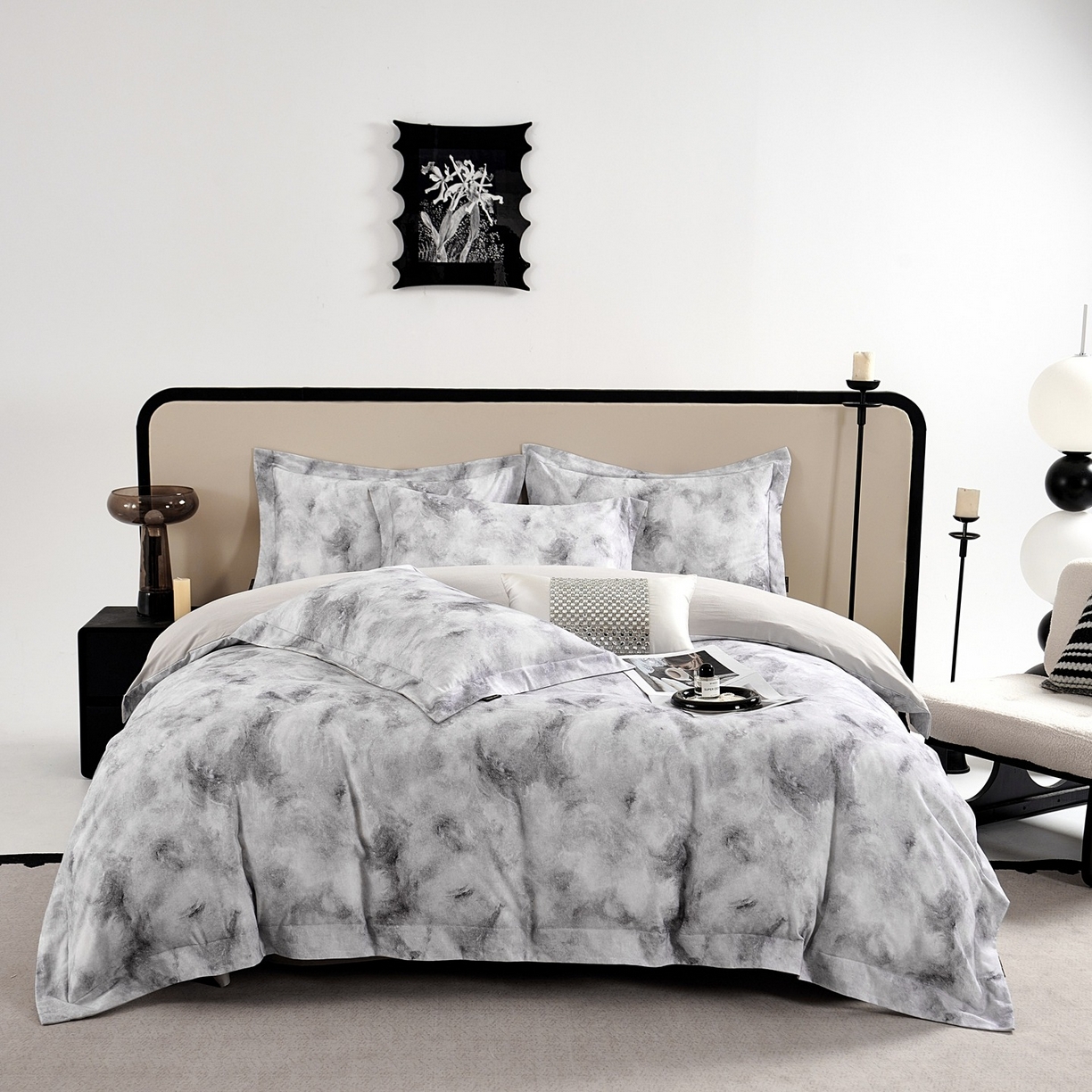 91家纺网 家纺一手货源 找家纺 芙绣家纺 2025新款纯棉全棉磨毛宽边压线复杂款四件套 古韵-灰