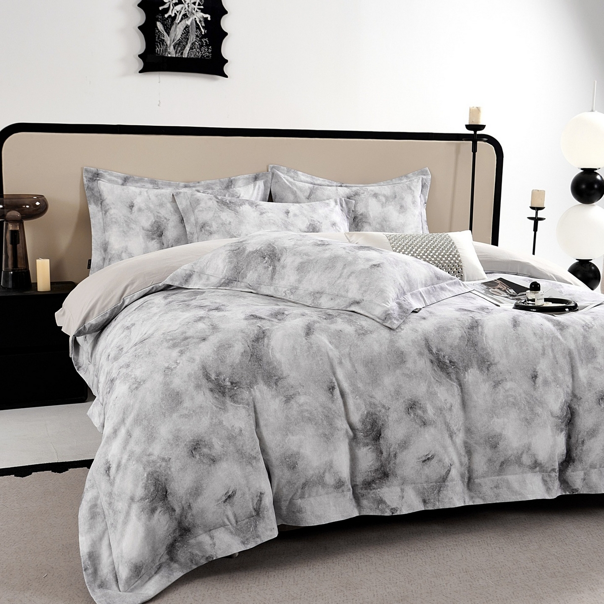 91家纺网 家纺一手货源 找家纺 芙绣家纺 2025新款纯棉全棉磨毛宽边压线复杂款四件套 古韵-灰