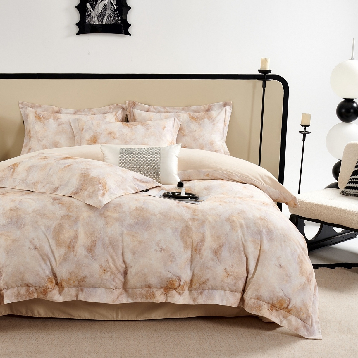 芙绣家纺 2025新款纯棉全棉磨毛宽边压线复杂款四件套 古韵-咖