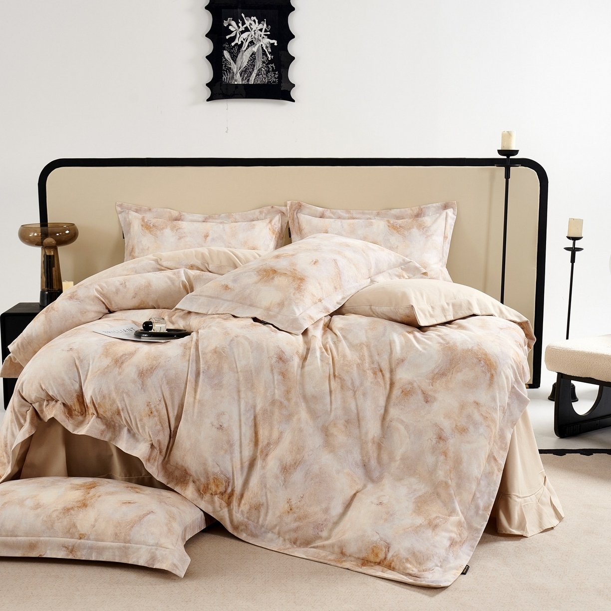 91家纺网 家纺一手货源 找家纺 芙绣家纺 2025新款纯棉全棉磨毛宽边压线复杂款四件套 古韵-咖