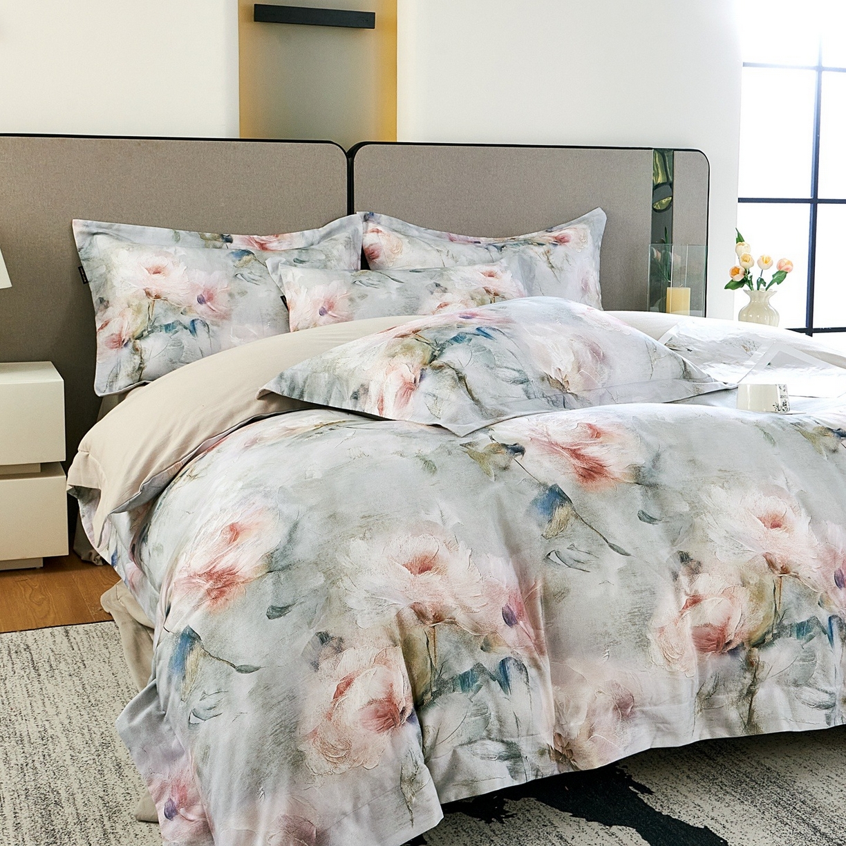 91家纺网 家纺一手货源 找家纺 芙绣家纺 2025新款纯棉全棉磨毛宽边压线复杂款四件套 梦影-绿