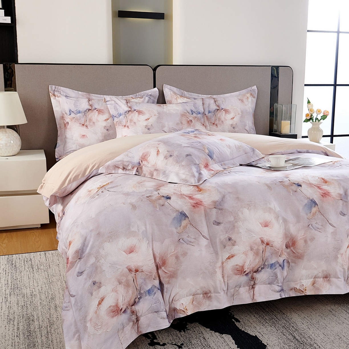 91家纺网 家纺一手货源 找家纺 芙绣家纺 2025新款纯棉全棉磨毛宽边压线复杂款四件套 梦影-紫