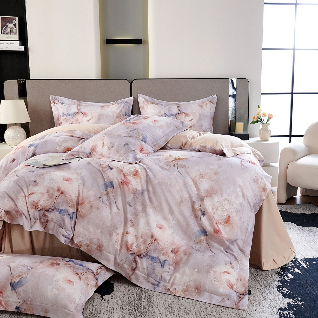 91家纺网 家纺一手货源 找家纺 芙绣家纺 2025新款纯棉全棉磨毛宽边压线复杂款四件套 梦影-紫