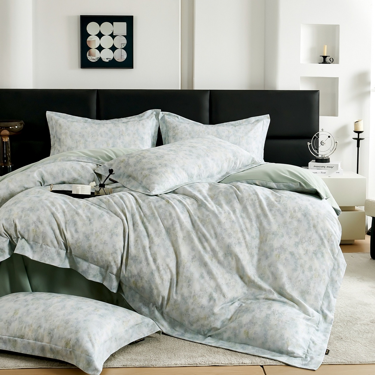 91家纺网 家纺一手货源 找家纺 芙绣家纺 2025新款纯棉全棉磨毛宽边压线复杂款四件套 轻语-绿