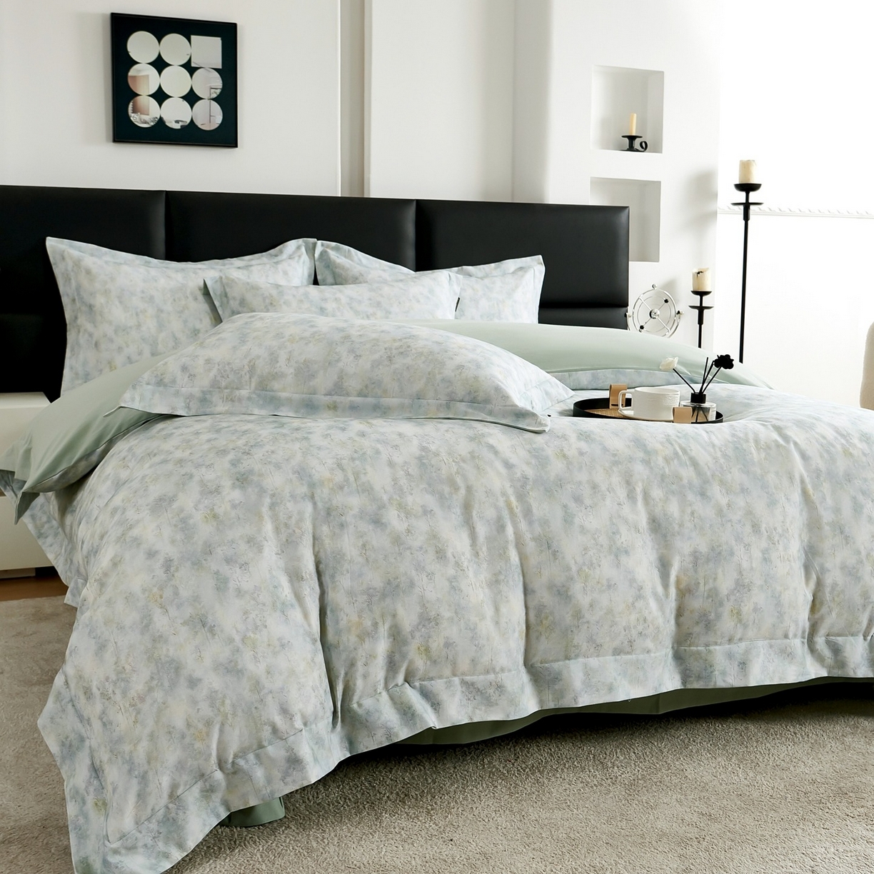 91家纺网 家纺一手货源 找家纺 芙绣家纺 2025新款纯棉全棉磨毛宽边压线复杂款四件套 轻语-绿