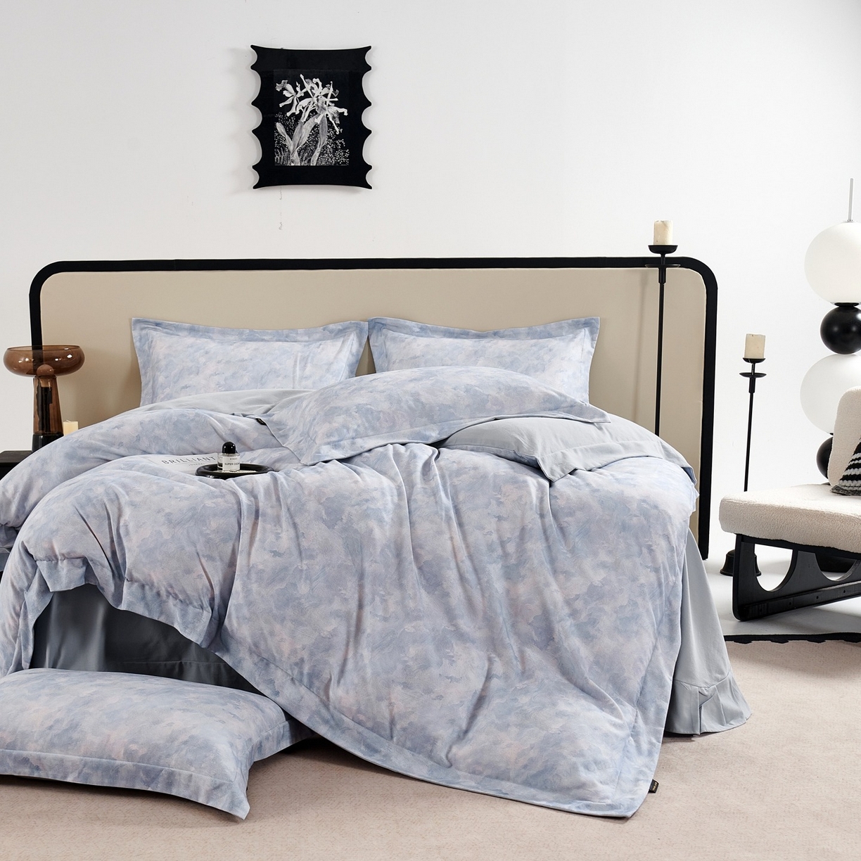 91家纺网 家纺一手货源 找家纺 芙绣家纺 2025新款纯棉全棉磨毛宽边压线复杂款四件套 倾香-蓝