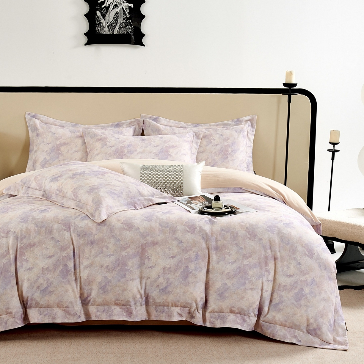 芙绣家纺 2025新款纯棉全棉磨毛宽边压线复杂款四件套 倾香-紫