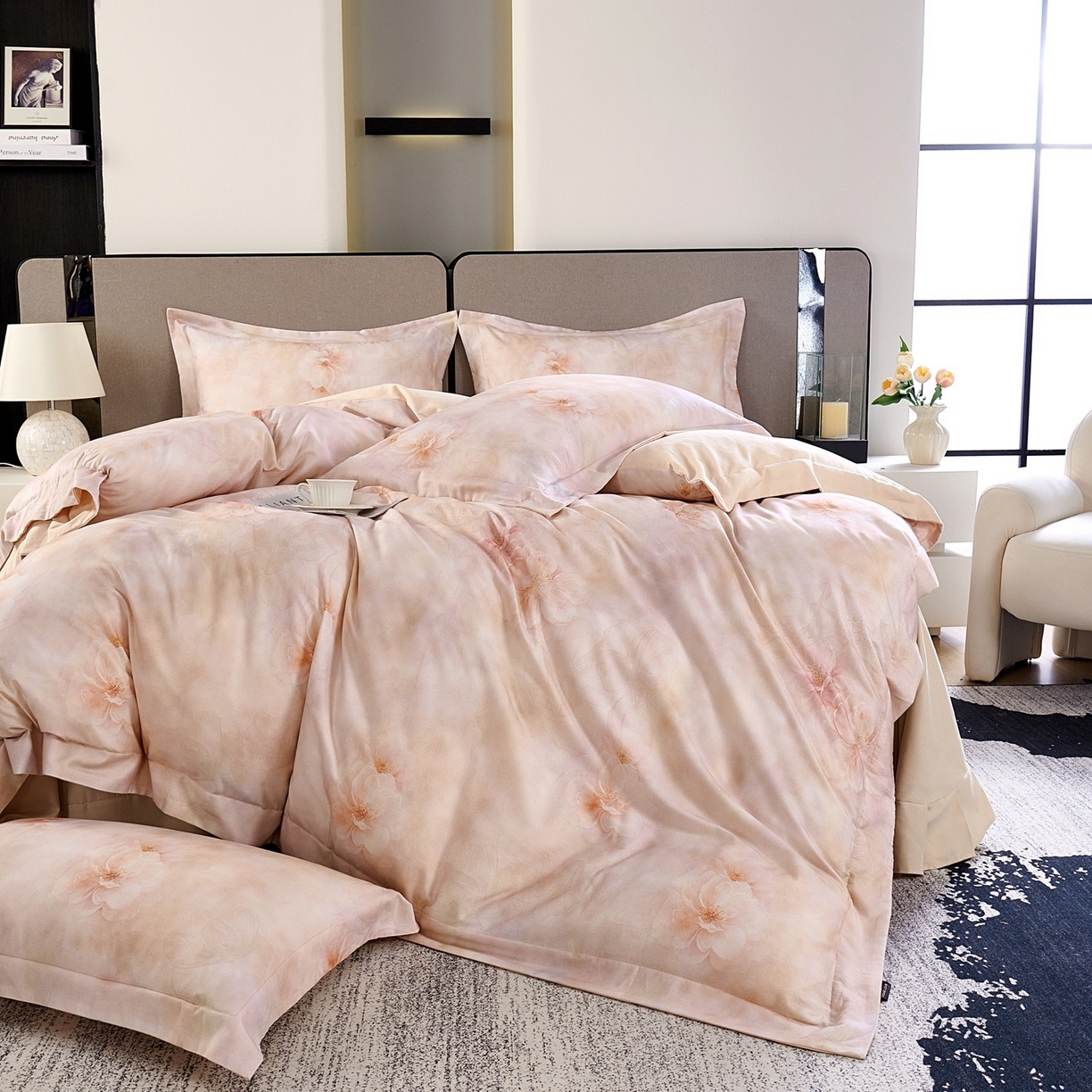 91家纺网 家纺一手货源 找家纺 芙绣家纺 2025新款纯棉全棉磨毛宽边压线复杂款四件套 清影梦-桔