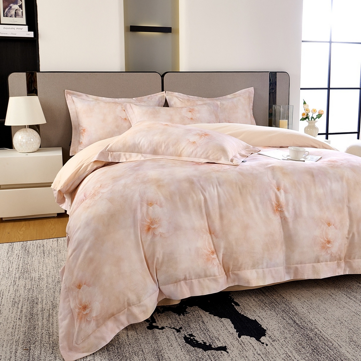 91家纺网 家纺一手货源 找家纺 芙绣家纺 2025新款纯棉全棉磨毛宽边压线复杂款四件套 清影梦-桔