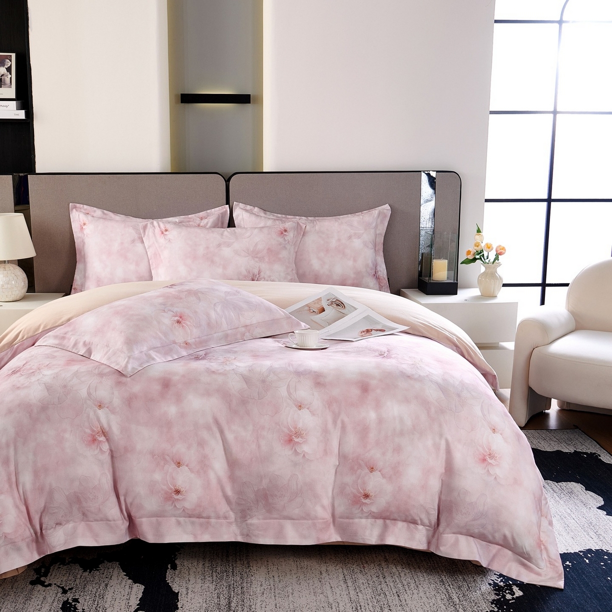 芙绣家纺 2025新款纯棉全棉磨毛宽边压线复杂款四件套 清影梦-紫