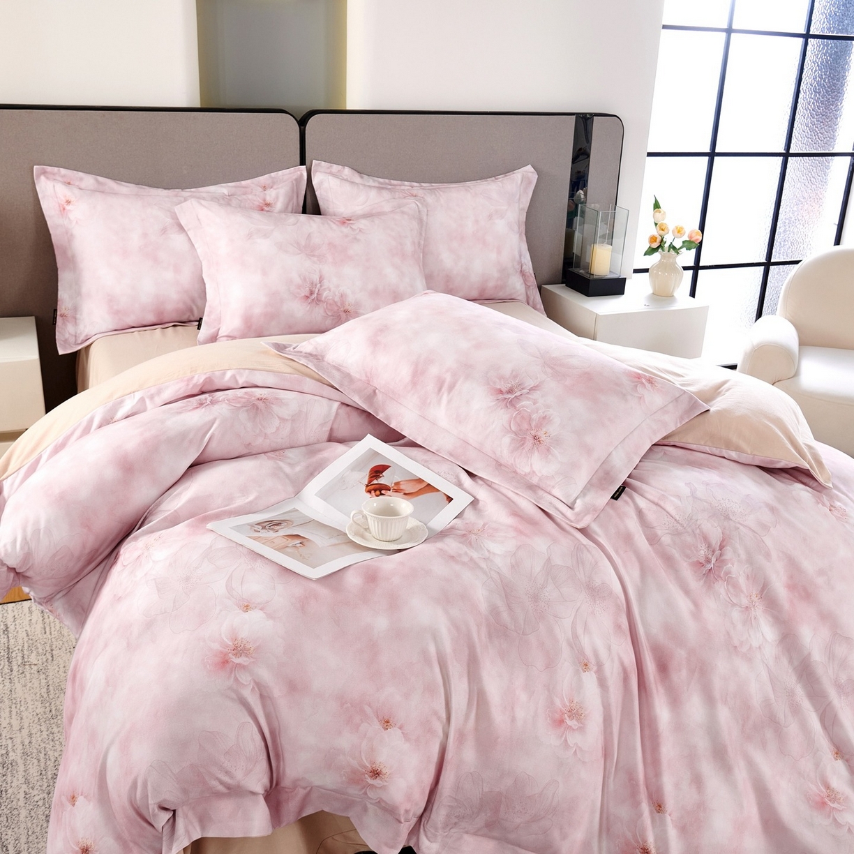 91家纺网 家纺一手货源 找家纺 芙绣家纺 2025新款纯棉全棉磨毛宽边压线复杂款四件套 清影梦-紫