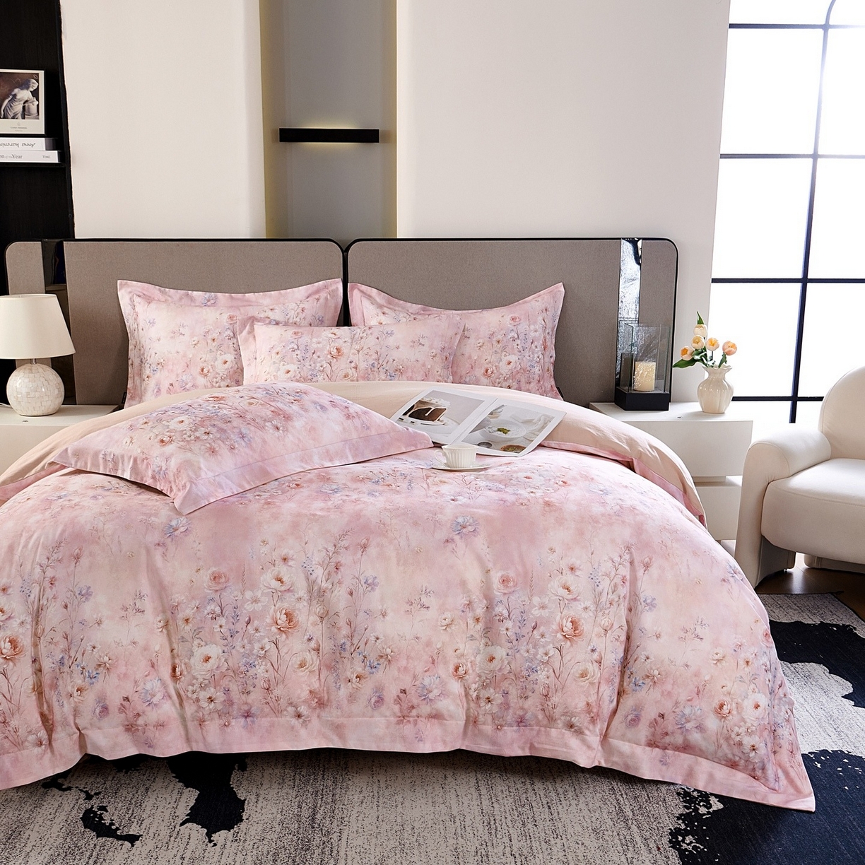 芙绣家纺 2025新款纯棉全棉磨毛宽边压线复杂款四件套 星芒-粉