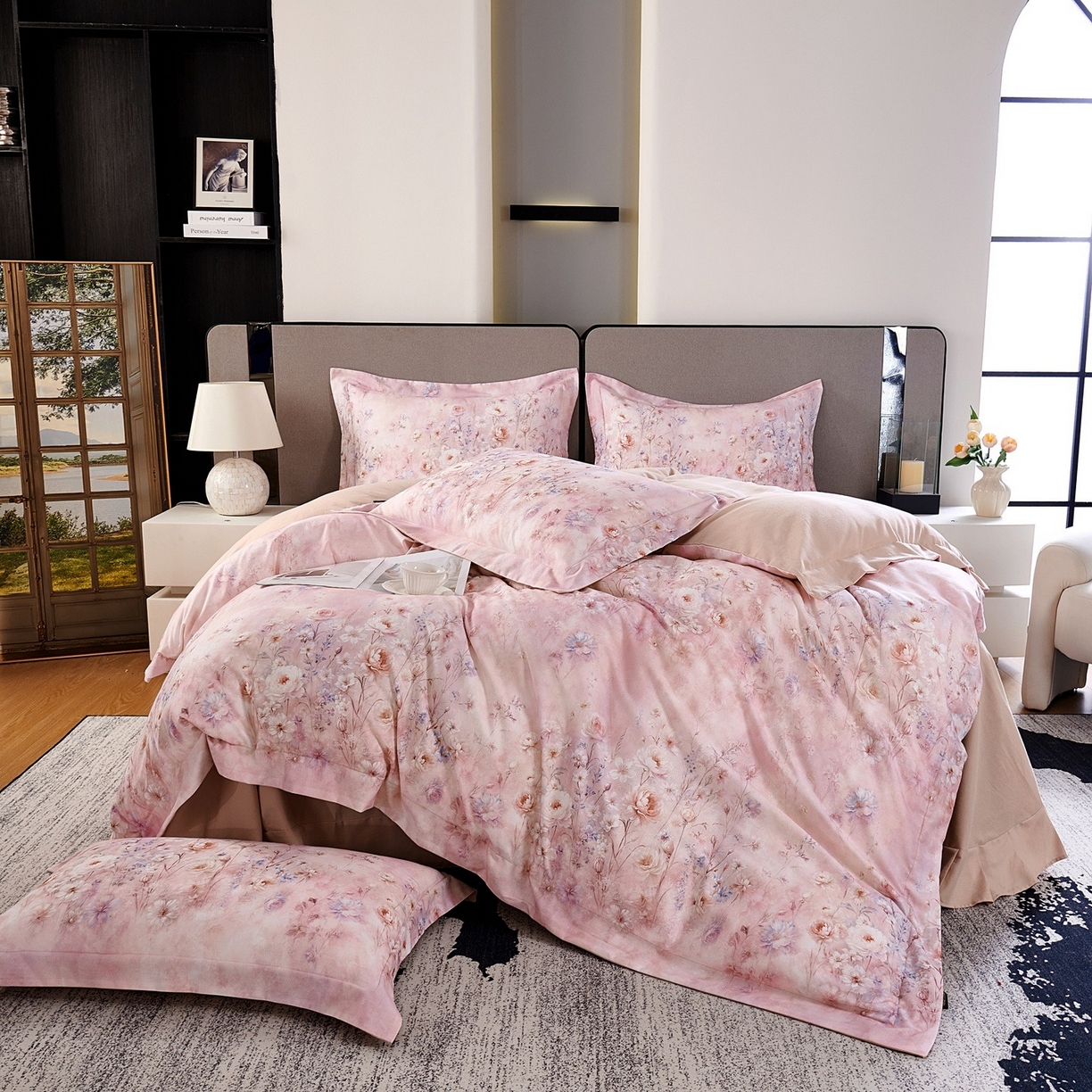 91家纺网 家纺一手货源 找家纺 芙绣家纺 2025新款纯棉全棉磨毛宽边压线复杂款四件套 星芒-粉