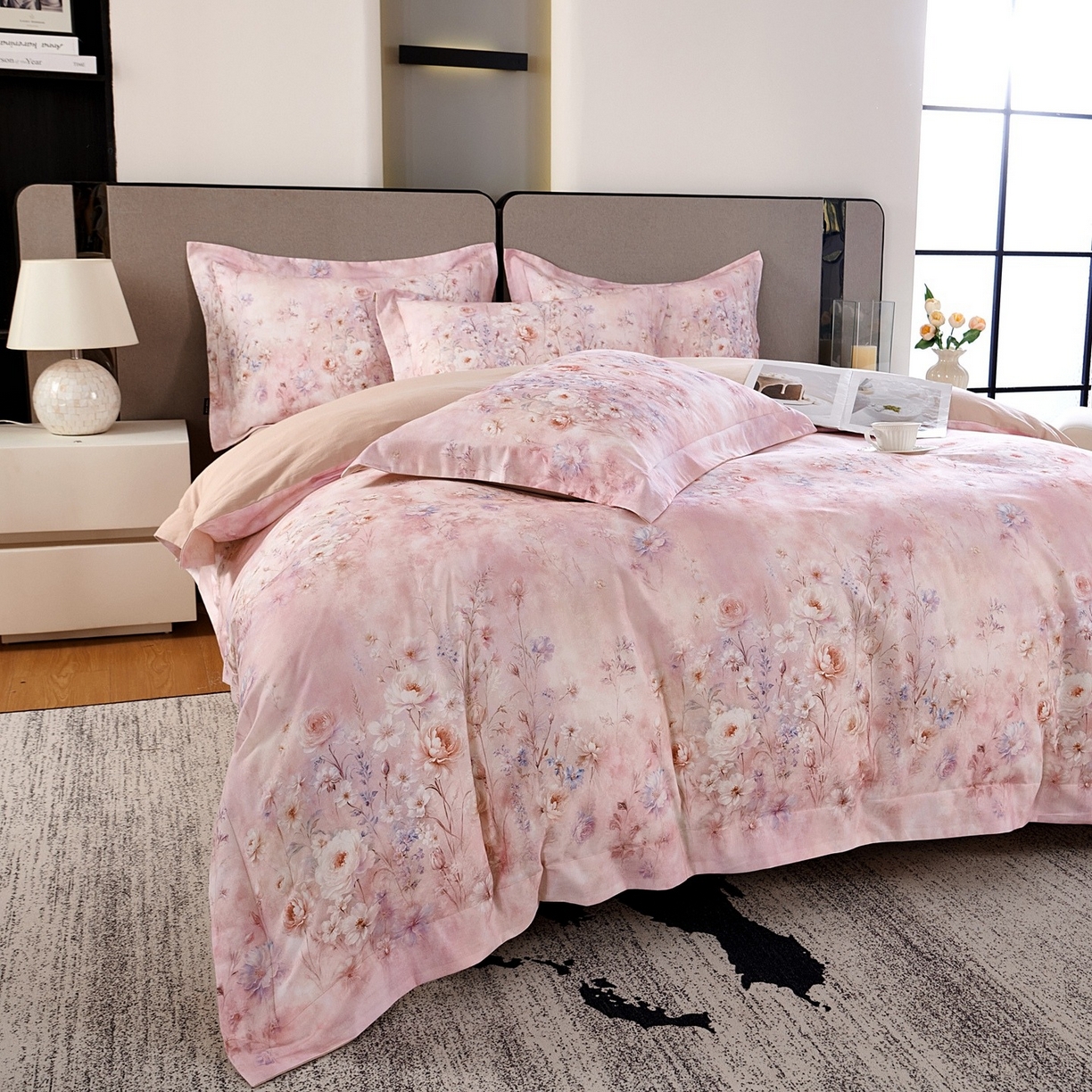 91家纺网 家纺一手货源 找家纺 芙绣家纺 2025新款纯棉全棉磨毛宽边压线复杂款四件套 星芒-粉