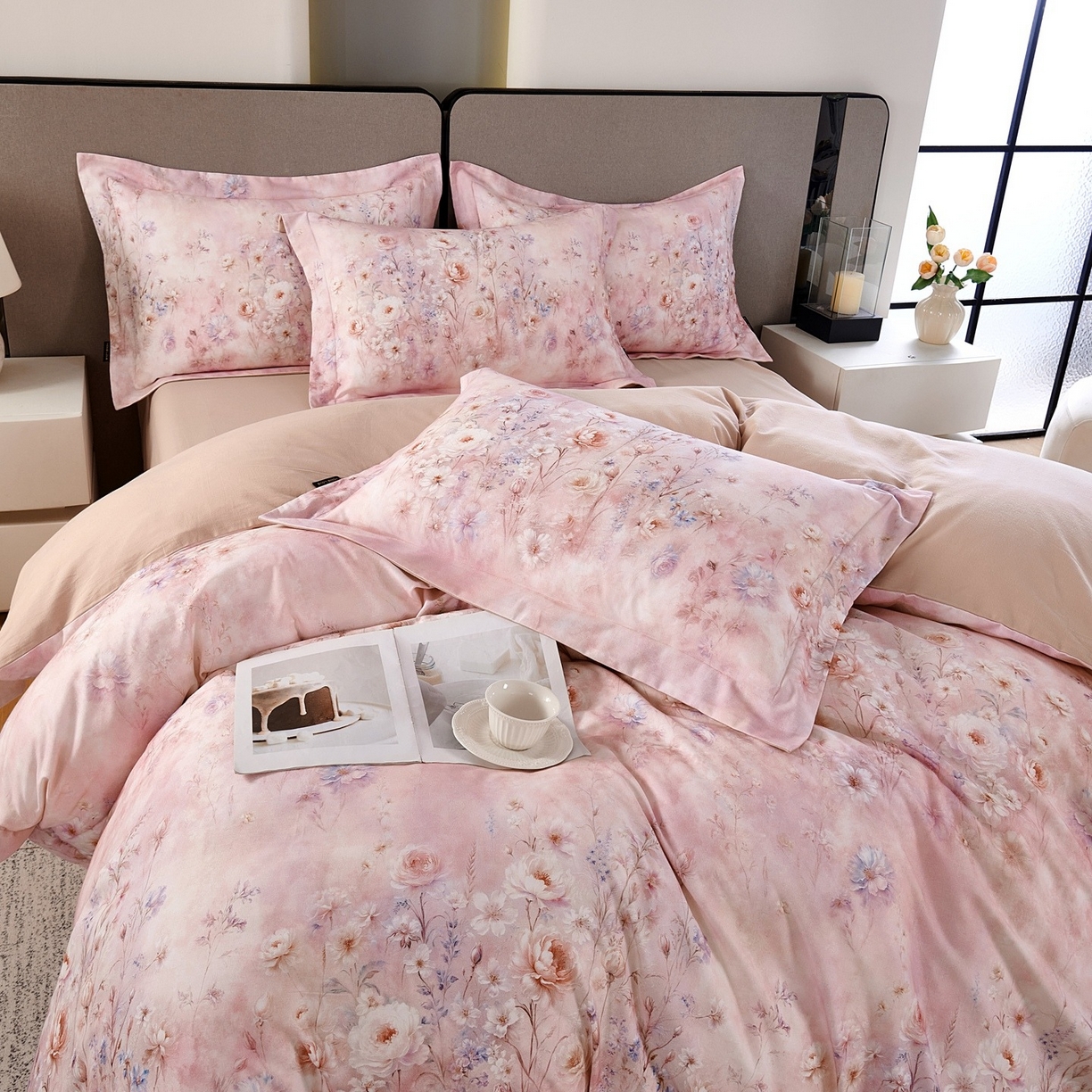 91家纺网 家纺一手货源 找家纺 芙绣家纺 2025新款纯棉全棉磨毛宽边压线复杂款四件套 星芒-粉