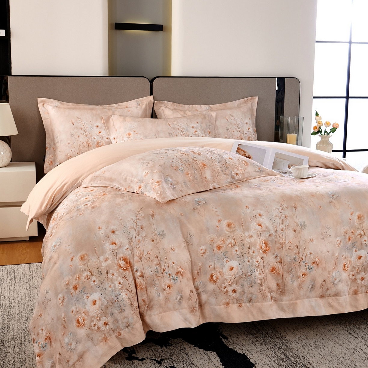 91家纺网 家纺一手货源 找家纺 芙绣家纺 2025新款纯棉全棉磨毛宽边压线复杂款四件套 星芒-桔