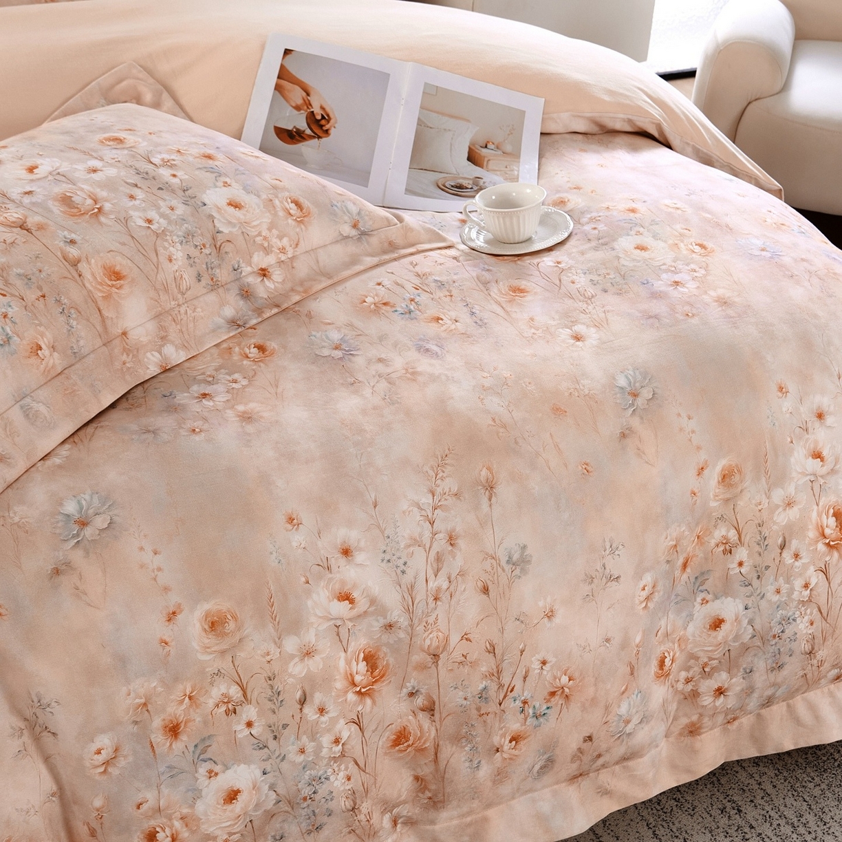 91家纺网 家纺一手货源 找家纺 芙绣家纺 2025新款纯棉全棉磨毛宽边压线复杂款四件套 星芒-桔