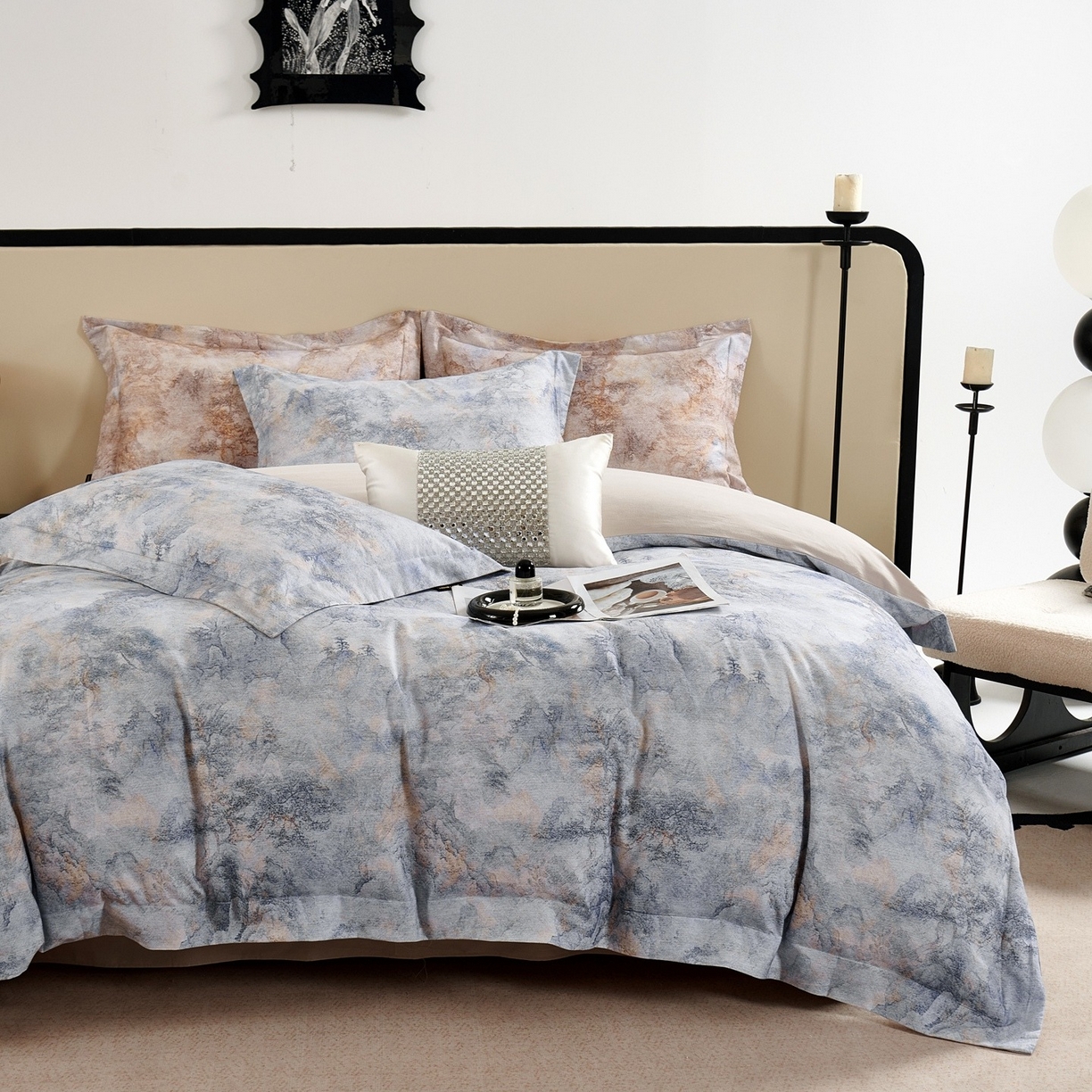 芙绣家纺 2025新款纯棉全棉磨毛宽边压线复杂款四件套 寻觅-蓝