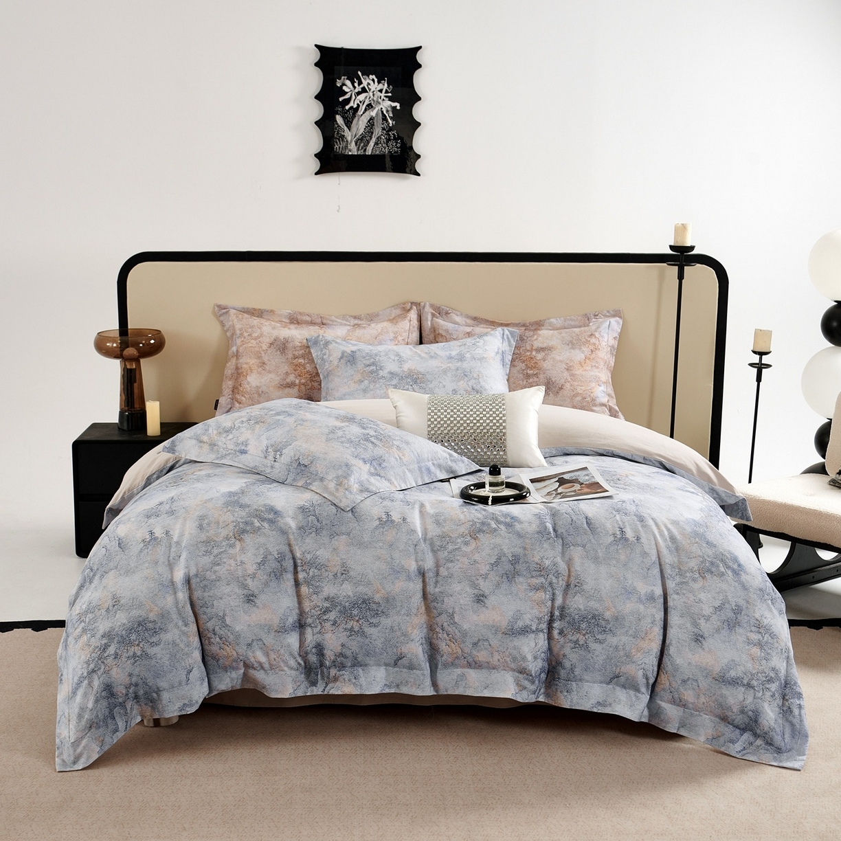 91家纺网 家纺一手货源 找家纺 芙绣家纺 2025新款纯棉全棉磨毛宽边压线复杂款四件套 寻觅-蓝