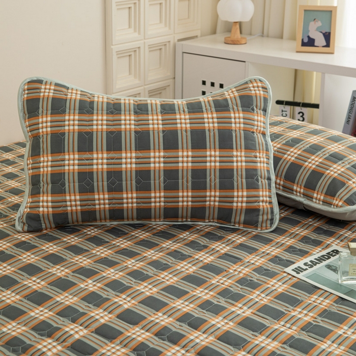 91家纺网 家纺一手货源 找家纺 卡诗兰 2025新款磨毛夹棉床笠 格灰橙