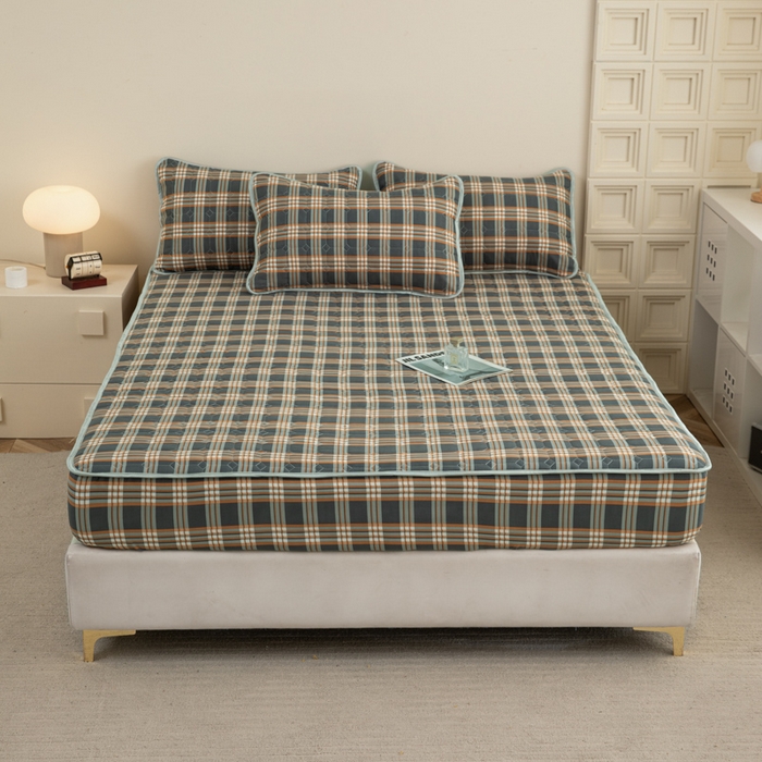 91家纺网 家纺一手货源 找家纺 卡诗兰 2025新款磨毛夹棉床笠 格灰橙