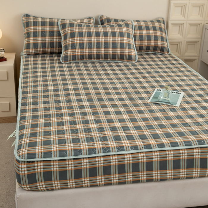 91家纺网 家纺一手货源 找家纺 卡诗兰 2025新款磨毛夹棉床笠 格灰橙