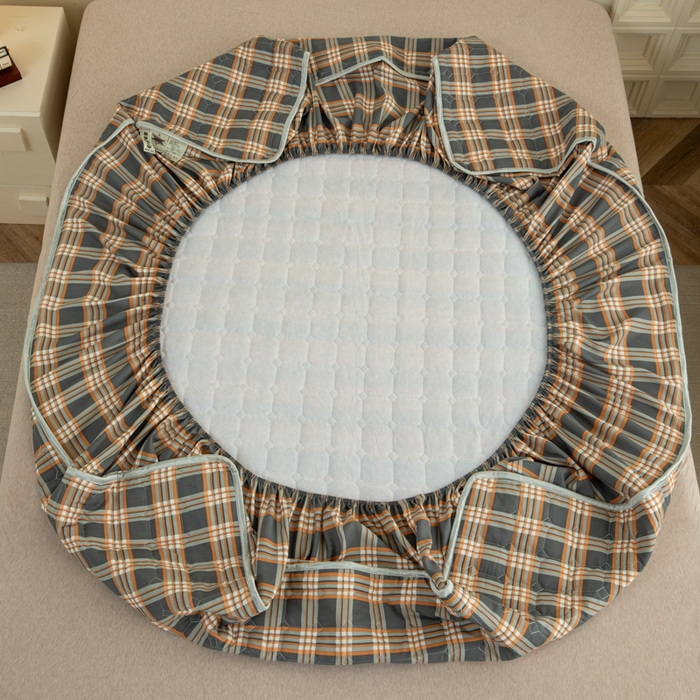 91家纺网 家纺一手货源 找家纺 卡诗兰 2025新款磨毛夹棉床笠 格灰橙