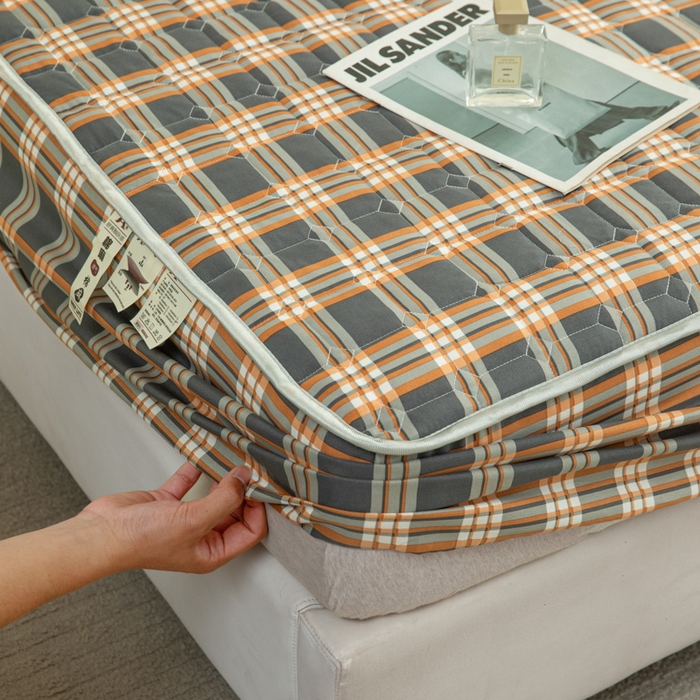 91家纺网 家纺一手货源 找家纺 卡诗兰 2025新款磨毛夹棉床笠 格灰橙