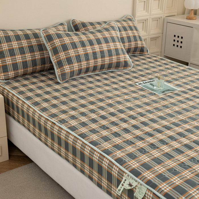 91家纺网 家纺一手货源 找家纺 卡诗兰 2025新款磨毛夹棉床笠 格灰橙