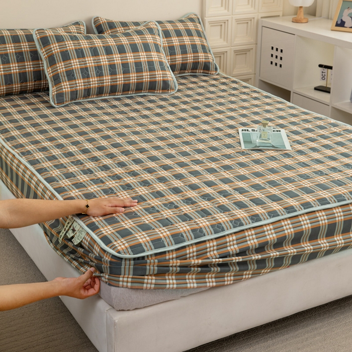 2025新款磨毛夹棉床笠 格灰橙