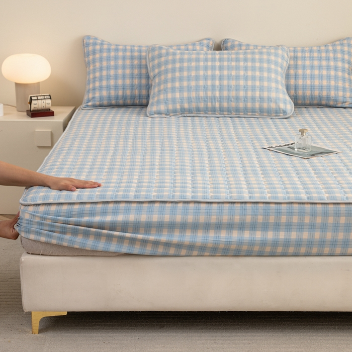 91家纺网 家纺一手货源 找家纺 卡诗兰 2025新款磨毛夹棉床笠 格中蓝