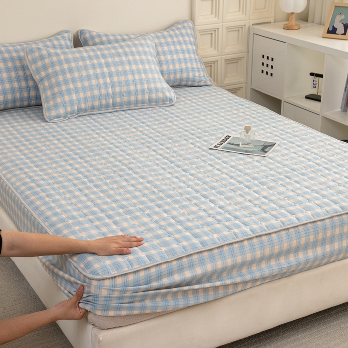 2025新款磨毛夹棉床笠 格中蓝