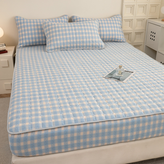 91家纺网 家纺一手货源 找家纺 卡诗兰 2025新款磨毛夹棉床笠 格中蓝